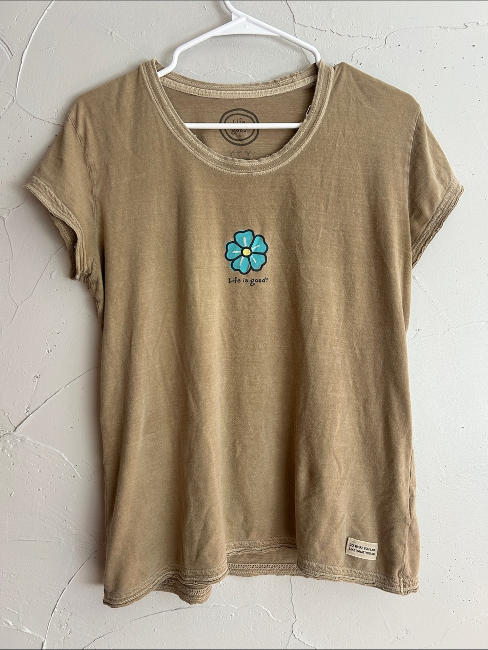 Life Is Good Tan Short Sleeve Tee with Blue Flower Graphic